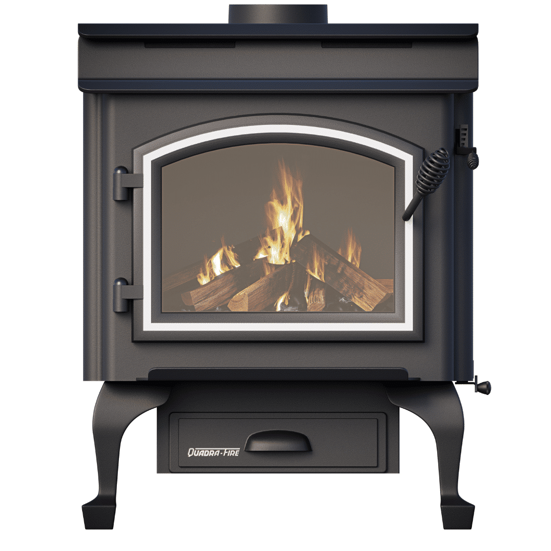 Quadrafire 4300 Step Top with Black Queen Anne Legs and Black Arched Door