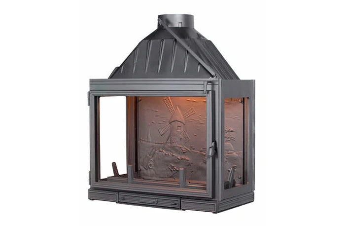 Seguin MultiVision 8000 Cast Iron Fireplace - 3 Sided Firebox - 2 Small Side Glass - 1 Swing Door Windmill or Blank back plate options (must specify)